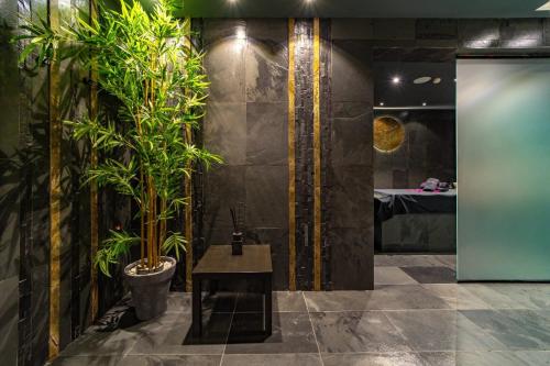 马贝拉Sierra Blanca Resort and Spa的墙上植物和桌子的浴室