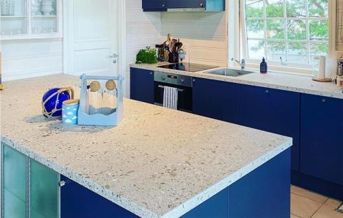 格尔斯维克3 Bedroom Stunning Home In Gressvik的厨房配有蓝色橱柜和台面
