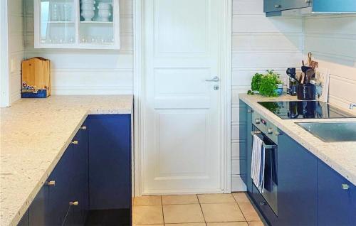 格尔斯维克3 Bedroom Stunning Home In Gressvik的厨房配有蓝色橱柜和水槽