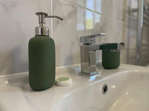 卡迪夫Ramson's Homestead by M-GroupSA的浴室水槽上的一个绿色肥皂分配器