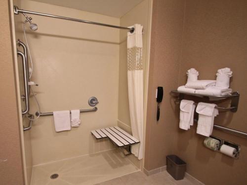 汉普顿汉普顿酒店--纽波特纽斯的带淋浴、白色毛巾和盥洗盆的浴室