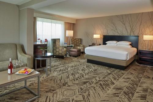 弗洛伦斯辛辛那提机场希尔顿机场的酒店客房设有床和客厅。
