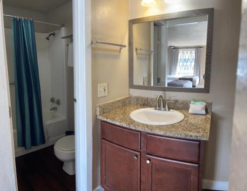 基西米LIBERTY INN的一间带水槽、卫生间和镜子的浴室