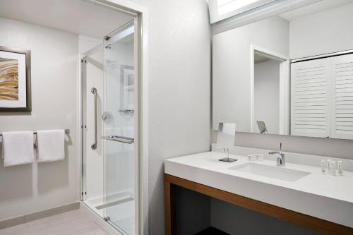 密尔沃基密尔沃基市中心庭院酒店的白色的浴室设有水槽和淋浴。