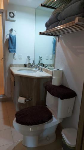 巴亚尔塔港Paradise apartment, private beach condo Bay View Grand的一间带水槽、卫生间和镜子的浴室