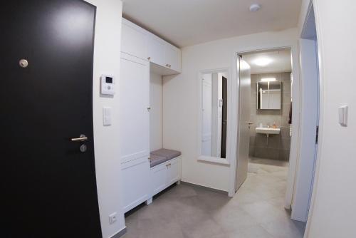 布拉格Holešovice Delight: Modern Comfort with a Twist in Prague 7的白色的浴室设有水槽和镜子