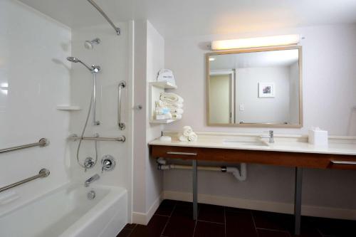 科尼利厄斯Hampton Inn Charlotte North Lake Norman的浴室配有盥洗盆、镜子和浴缸