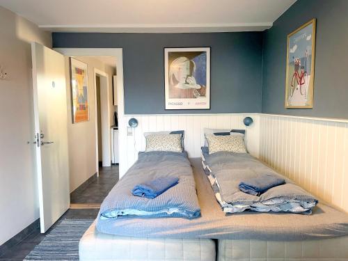 勒维Rørvig Bed & Kitchen的蓝色墙壁客房的两张床