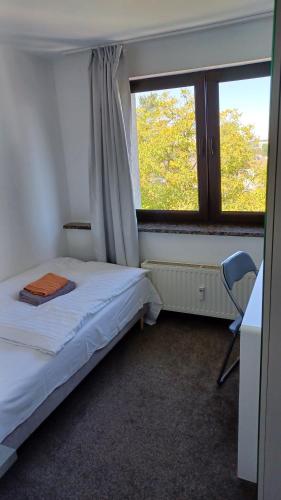 埃施韦勒Triple Twenty的一间卧室配有一张床、一张书桌和一个窗户。