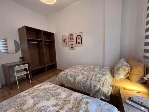 开罗2 bedroom apartement in the center of cairo的一间卧室配有两张床和一张桌子及椅子