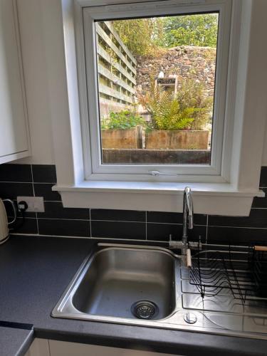 斯特灵Castle Brae Apartment的厨房水槽和上面的窗户