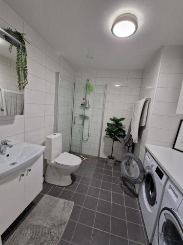 哥德堡Homestay - private room in an apartment的浴室配有卫生间水槽和洗衣机。