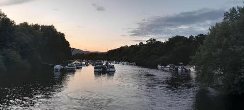 亚历山德里亚Loch Lomond Apartment的日落时分在河里的小船