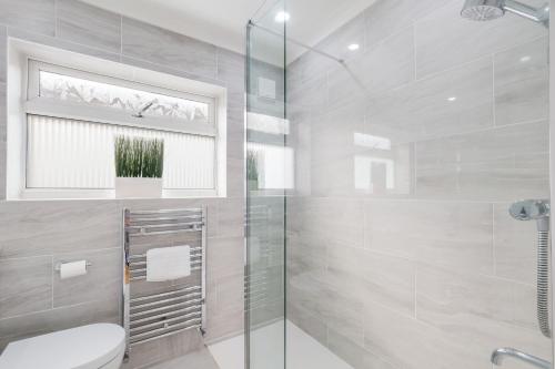 桑赫斯特Luxury 5 BDR 2 BA House with Parking in Sandhurst By 360Stays的一间带卫生间和玻璃淋浴间的浴室