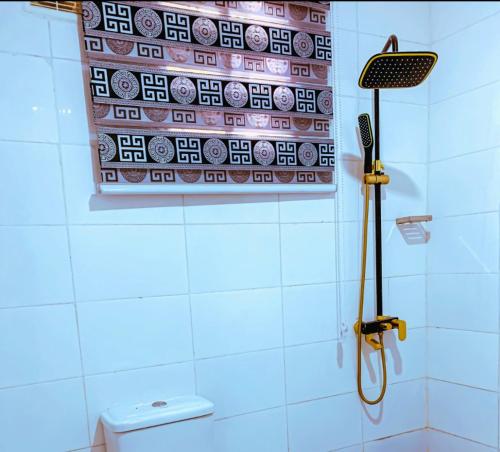 阿布贾Select Elegant 3 Rooms 3 sized king-bed @ Abuja FCT的设有带卫生间的浴室内的淋浴帘