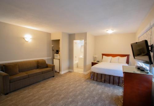 坎卢普斯Scott's Inn & Suites的酒店客房,配有床和沙发