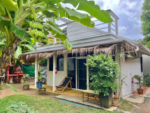 象岛海滩丛林度假村的一间小白房子,上面放着一束香蕉