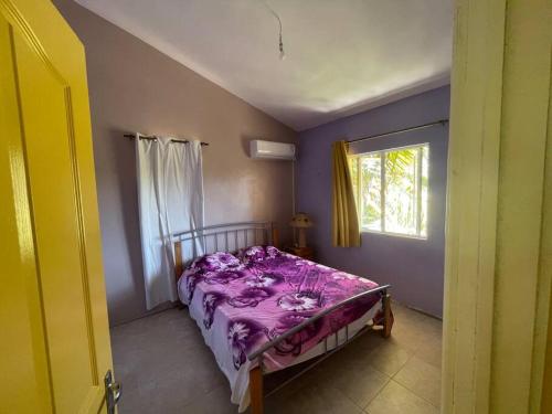 格兰高伯Cozy duplex for perfect getaway的一间卧室配有一张带紫色床单的床和窗户。