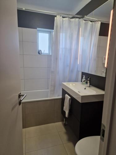 凯夫拉维克Sól - S12 guesthouse的一间带水槽、浴缸和卫生间的浴室