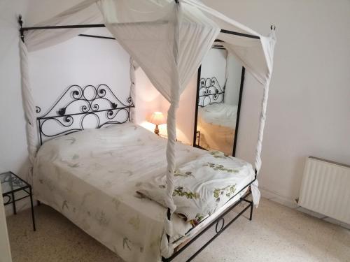 拉马萨Palmeraies vacances Tunis的一间卧室配有一张带镜子的天蓬床