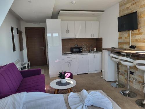 科帕奥尼克Kloudscape Apartman Milmari Resort & Spa的一间带紫色沙发的客厅和一间厨房