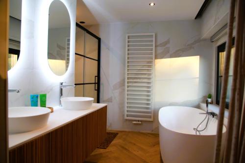 绍蒙－吉斯图Dionbulles & Dionlodge Guesthouse, Private Wellness pool in option的一间带两个盥洗盆和大镜子的浴室