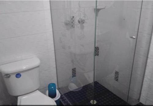 波哥大Habitación con baño privado cerca al aeropuerto的带淋浴、卫生间和玻璃门的浴室
