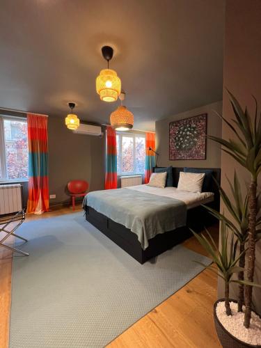 贝尔格莱德Tulum Apart Center Belgrade的一间卧室配有一张床和盆栽植物