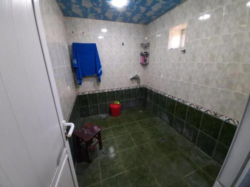 AşağıobaNabran Suite的浴室设有绿色瓷砖和蓝色毛巾。