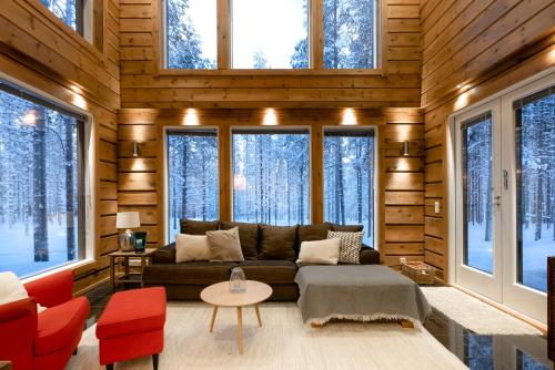 普哈圣山Charming log house - Lumous B - Pyhätunturi - Finland的带沙发的客厅和部分窗户。