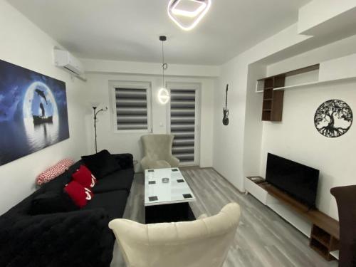 比托拉Vase Apartman的客厅配有黑色沙发和电视