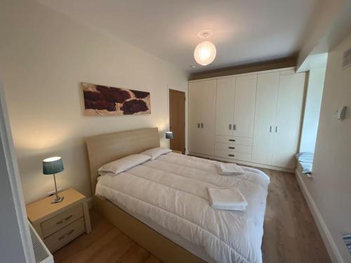 都柏林Coastal Dublin, 4 adult bed spaces+child max的一间卧室配有一张床和一个带灯的床头柜