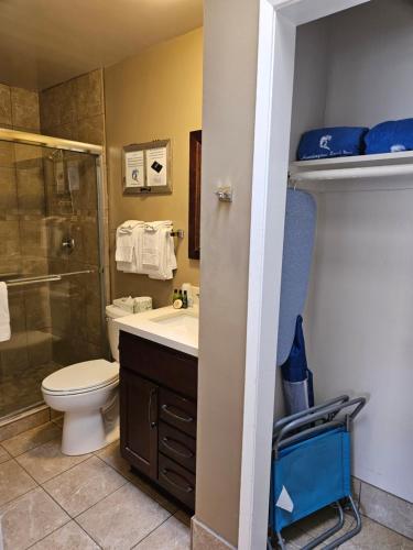 亨廷顿海滩亨廷顿冲浪酒店的浴室配有卫生间水槽和淋浴。
