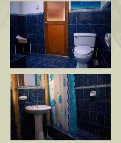 洛斯拉甘斯Varadero Bungalows的浴室的两张照片,配有卫生间和水槽
