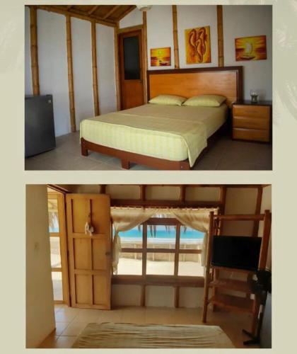 洛斯拉甘斯Varadero Bungalows的卧室两张照片,配有一张床和电视