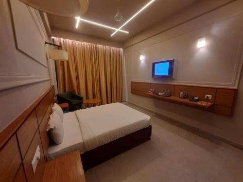 阿拉哈巴德Max Hotels Prayagraj的一间酒店客房,配有一张床和一台电视