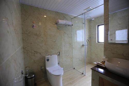 廷布Phuntsho Khangsar Hotel的带淋浴、卫生间和盥洗盆的浴室