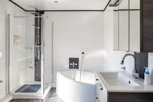 桑德Ferienhaus Ihme的带淋浴和盥洗盆的白色浴室