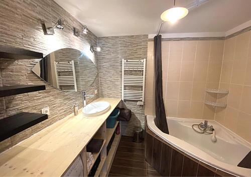 马尔萨讷Jolie maison à Marsanne的一间带水槽、浴缸和镜子的浴室