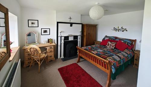 马林Teach Róisin-Traditional Irish holiday cottage in Malin Head.的一间卧室配有一张床、一张桌子和一个壁炉