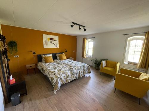 De Grote Drent的一间卧室设有一张床和黄色的墙壁