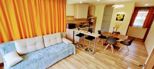 RaduilАпартаменти за гости"НИКОЛ"ап2的一间带蓝色沙发的客厅和一间厨房
