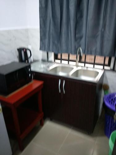 拉各斯Chinaka guest house的厨房配有两个水槽和浴帘