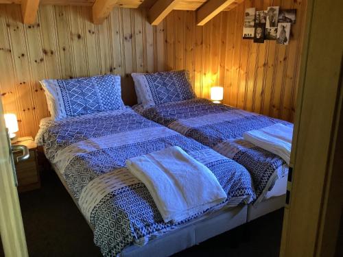 韦松纳Dorril SUNNY & QUIET chalet 10 pers by Alpvision Résidences的一间卧室配有两张带蓝色棉被的床