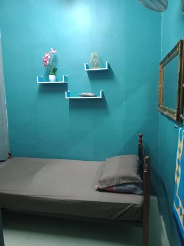 巴西古当Mom's home的蓝色的房间,床和两个架子