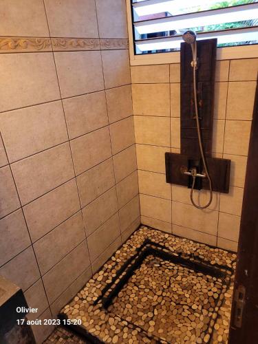 昂特尔德ENTRE DEUX HOTES的一间带淋浴的浴室,铺有鹅卵石地板