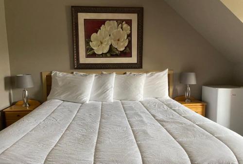 埃德门兹顿Auberge MicKy Inc的卧室配有一张带两盏灯的白色床和一幅画