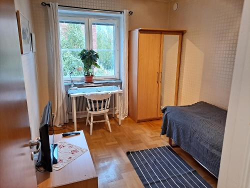 厄斯特松德Karls ställe的一间卧室配有一张床和一张带电脑的书桌