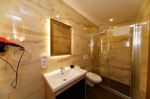 伊斯坦布尔HanPoint Boutique Hotel的一间带水槽、淋浴和卫生间的浴室