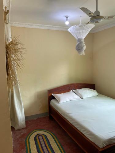 帕杰Afrobukuu house的一间卧室配有一张床和吊扇